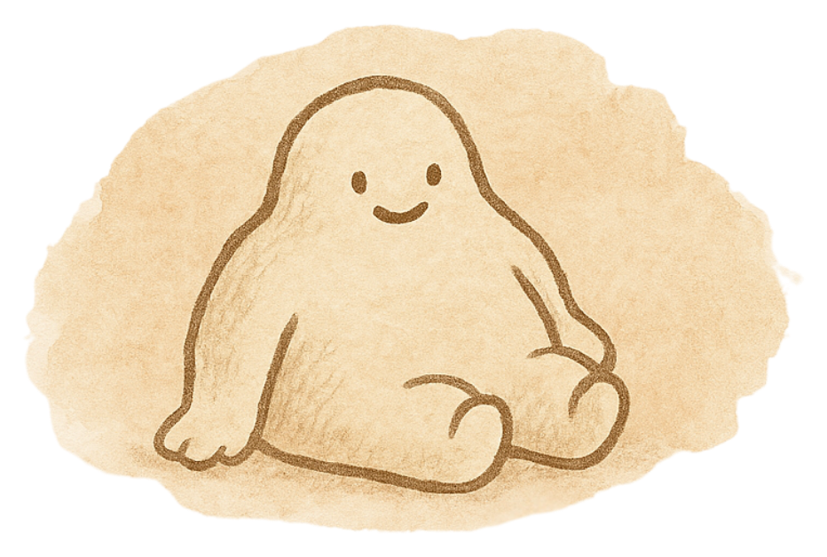 Doughiii — the hand-drawn dough blob mascot on his watercolor cloud